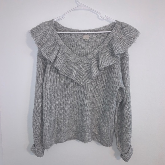 A New Day Ruffle V Neck Soft Cozy Sweater Grey - Picture 4 of 9